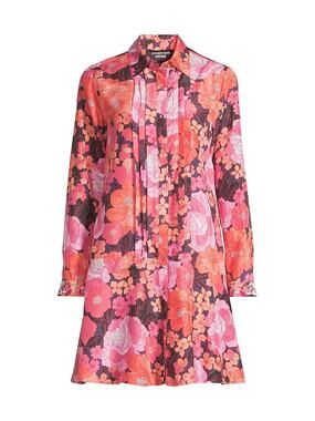 JOHNNY WAS Becca Floral-Print Pintuck Silk Mini Shirtdress Size Small Pink